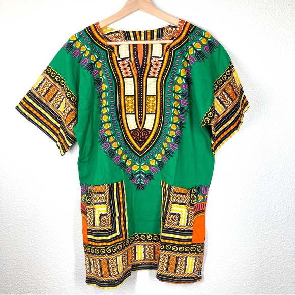 Dashiki Shirt African Print Large Green Short Sleeves Unisex top Festival - Picture 2 of 13